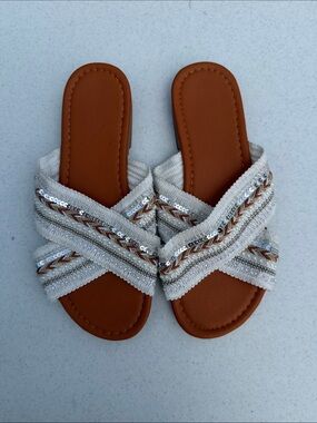 Beaded Crisscross Slide Sandals in White